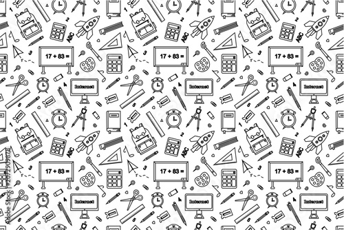 School themed doodles seamless pattern. School supplies pattern in doodle style. Back to school seamless pattern background. School elements doodle pattern background.