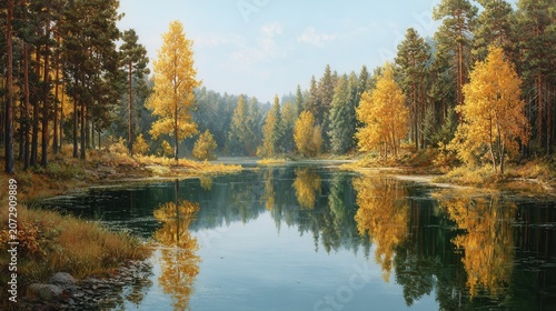 Serene autumn river landscape with golden forest reflections and calm water under clear blue sky
