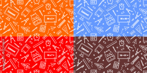 School themed doodles seamless pattern. School supplies pattern in doodle style. Back to school seamless pattern background. School elements doodle pattern background.