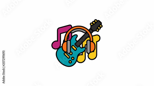 A colorful illustration of a guitar with headphones and a music note