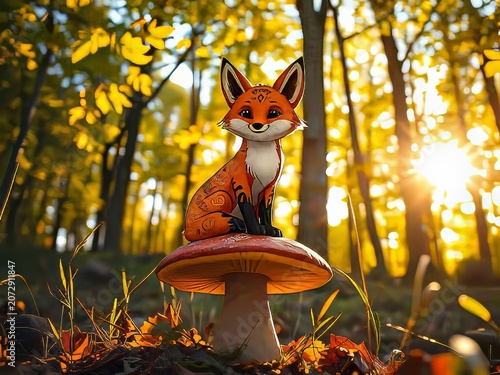 A cartoon fox sitting on a mushroom.