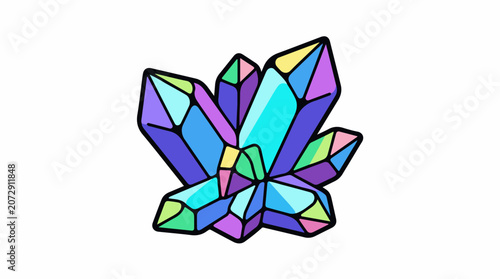 A colorful crystal cluster with various facets and pointed edges