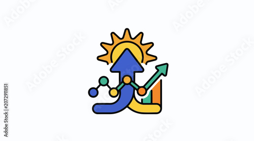 A colorful graphic depicting a sun with an upward arrow