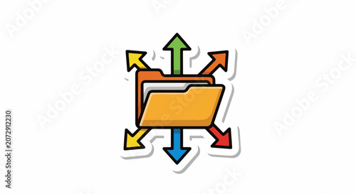 A colorful cartoon illustration of a file folder with multiple arrows pointing in different directions