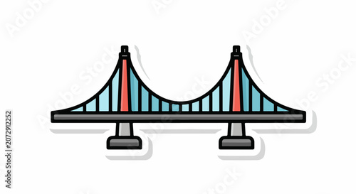 A colorful cartoon illustration of a suspension bridge with two towers