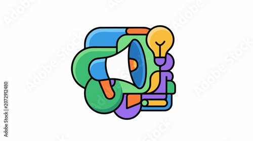 A colorful abstract graphic of a megaphone with a lightbulb
