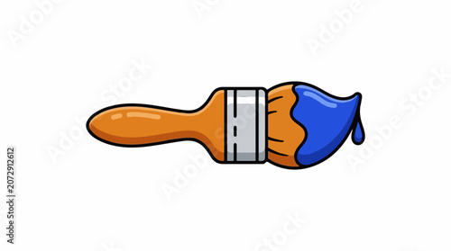 A cartoon-style paintbrush with orange handle and blue paint