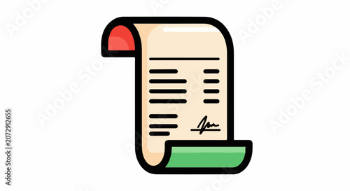A cartoon-style image of a rolled-up document with a red tab and signature