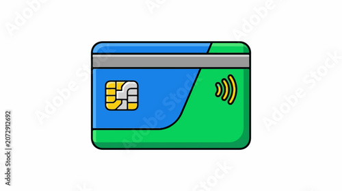 A cartoon-style image of a credit card with a blue and green design and a yellow chip