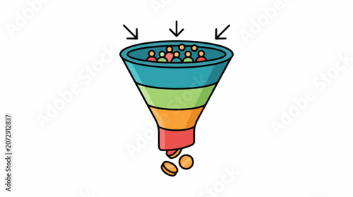 A colorful funnel with people and arrows