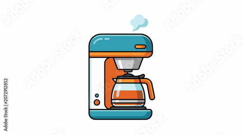 A colorful illustration of a coffee maker with a teal and orange design
