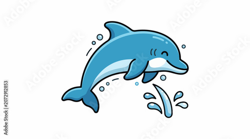 A cartoon-style blue dolphin jumping out of the water