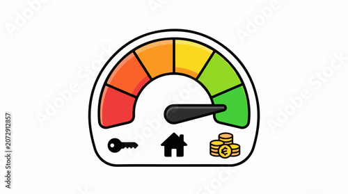 A cartoon-style gauge with a needle pointing to the green section indicating a positive status