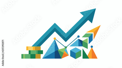 A colorful graphic illustration of geometric shapes and arrows