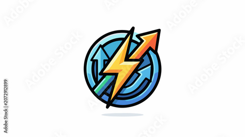 A colorful illustration of a lightning bolt and arrow overlapping a circular maze