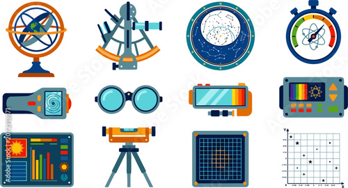 Fotografie Astronomy and Navigation Icon Set with Armillary Sphere Sextant Star Map Binocul