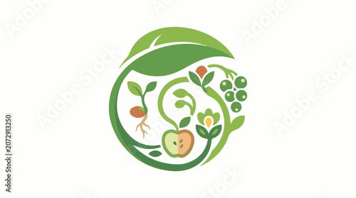 A green circular logo featuring various plants and fruits