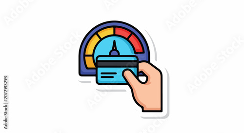 A hand holding a blue credit card in front of a semi-circular gauge