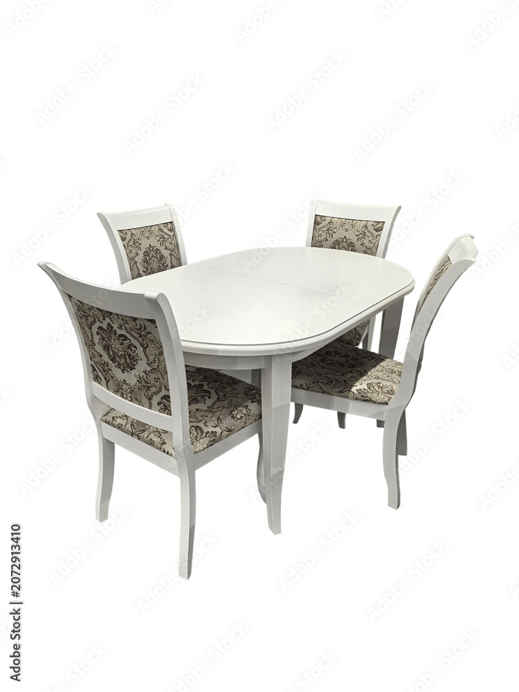 Fototapeta premium Modern wooden dining table and chairs set on white background