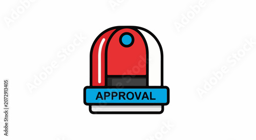 A red and blue approval icon with a light on top and a blue label