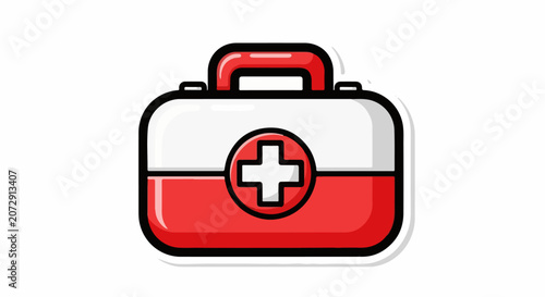 A red and white first aid kit with a cross on it