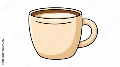 A simple cartoon illustration of a beige coffee mug filled with a brown liquid