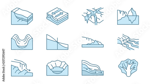 Geological erosion and glacier formation icon set.