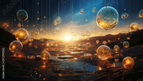Surreal Landscape with Floating Orbs at Sunset over Water.