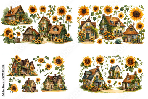 Cozy countryside homes surrounded by vibrant sunflowers and climbing ivy