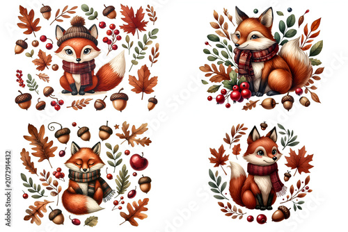 A watercolor clipart featuring a cozy fox character wearing a scarf, surrounded by acorns, fallen leaves, and cranberries
