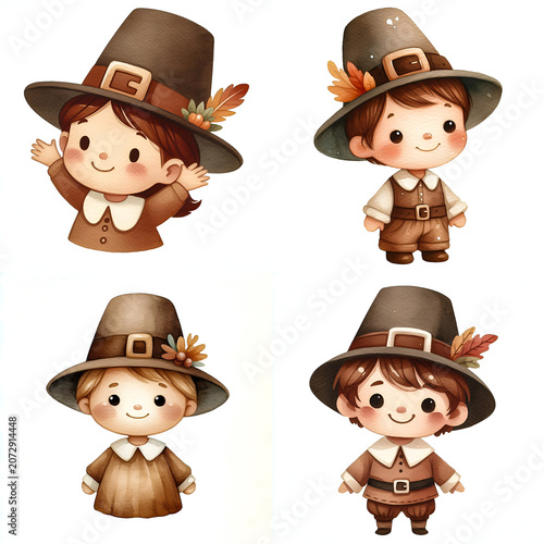 A watercolor clipart featuring a cheerful child wearing a pilgrim hat
