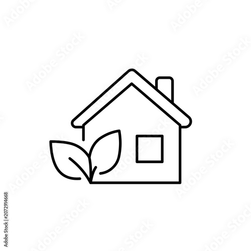Eco House Icon, Home with Tree Branch Leaf Symbol Line Art
