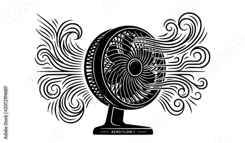Vintage Electric Fan Illustration with Decorative Airflow Swirl Line Art Design