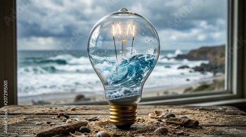 Light bulb with ocean wave inside on a beach view window sill