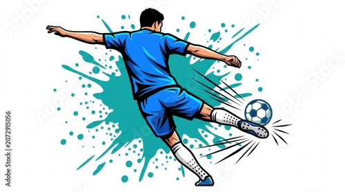 Soccer player kicking ball illustration with splash effect dynamic sports artwork