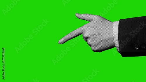 Halftone businessman hand with pointing index finger moving forward and back on green background. Retro pop art style, seamless loop for marketing and directing content.