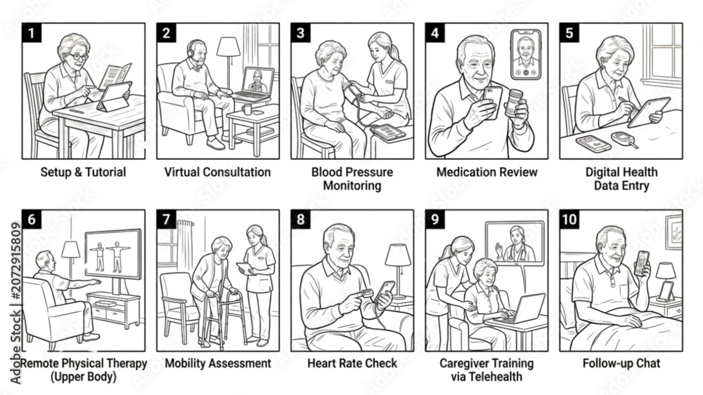 Obraz premium Elderly Home Care Telemedicine Poses Line Art Collection | 10 Premium Senior Telehealth Vector Pack