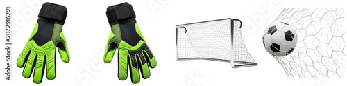Schilderij op canvas Goalkeeper gloves, soccer goal, and a soccer ball caught in a net, isolated on a