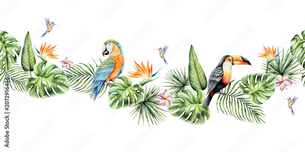 Fototapeta premium Seamless pattern. Toco toucan and parrot macaw sitting on a branch, leaves of a palm tree, Strelitzia, monstera. Watercolor hand drawn bird, isolated illustration on transparent background. Perfect
