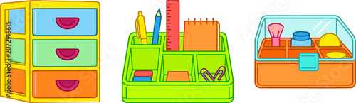 Foto Desktop Storage Organizer Icon Set with Plastic Mini Drawers Office Stationery C