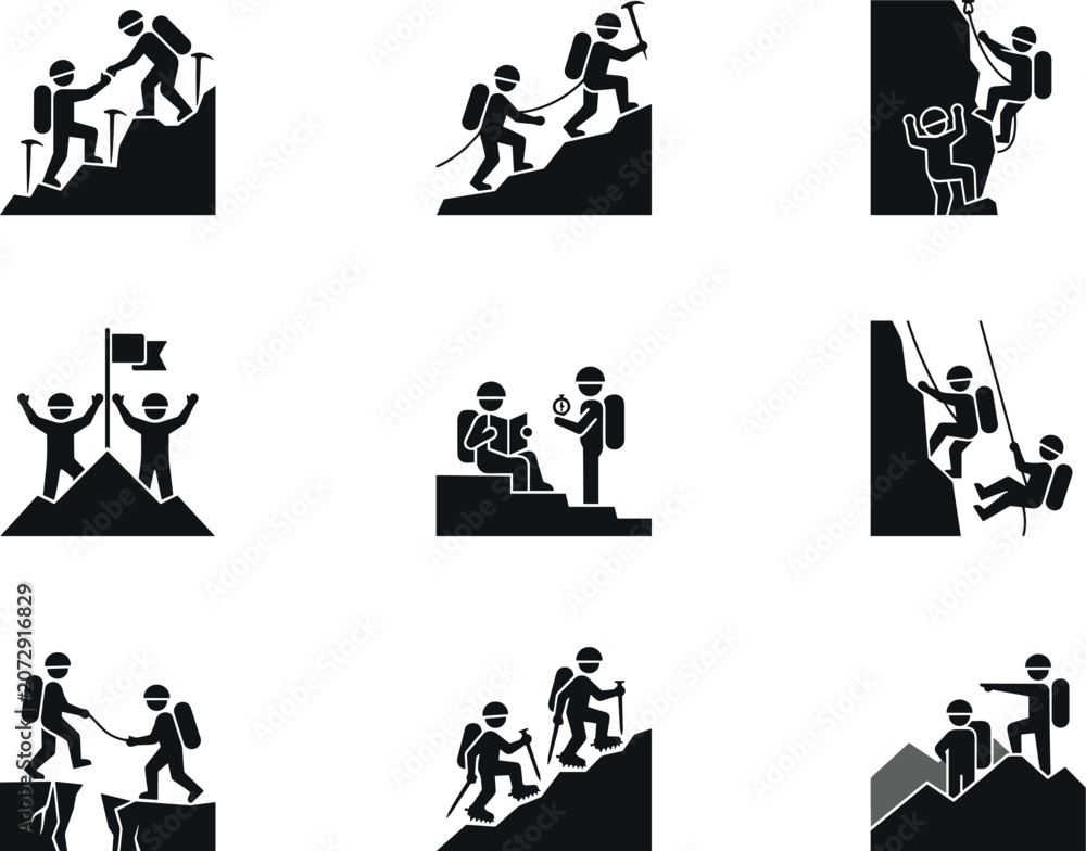 Obraz premium Mountain Climbing and Hiking Silhouette Icon Set Featuring Mountaineers, Rappelling, Rock Climbing, Teamwork Assistance, Peak Success, and Navigation Vector Illustrations