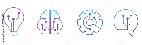 Artificial Intelligence Innovation Outline Icons Featuring Smart Ideas, Neural Networks, Automation Systems and Digital Technology