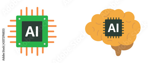 Artificial Intelligence Processor and Smart Brain Icons Representing Machine Learning, Neural Computing and Advanced Digital Innovation