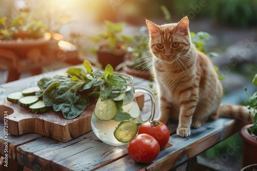 Enjoying a garden snack on a rustic table with fresh vegetables and a cat nearby during the late afternoon