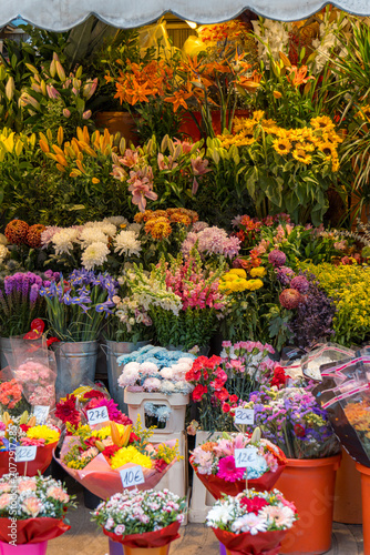 Colorful bouquets of flowers at a market stall in Barcelona