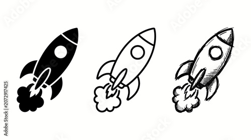 Three different styles of rocket ship icons in black and white editable stroke