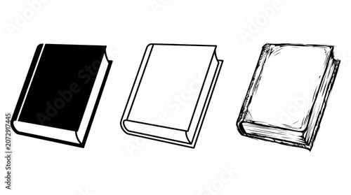 Three different book illustrations in black and white on editable stroke