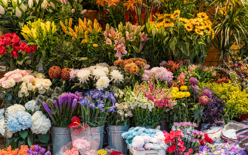 Colorful fresh flowers on display at Barcelona flower market stall