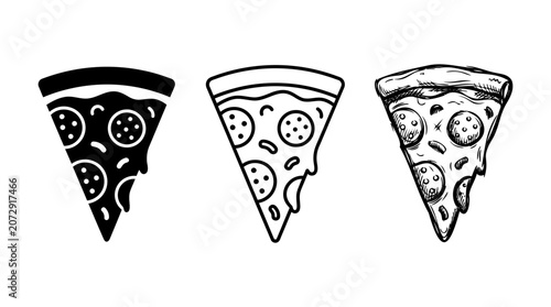 Vector illustration of three different pizza slices on editable stroke