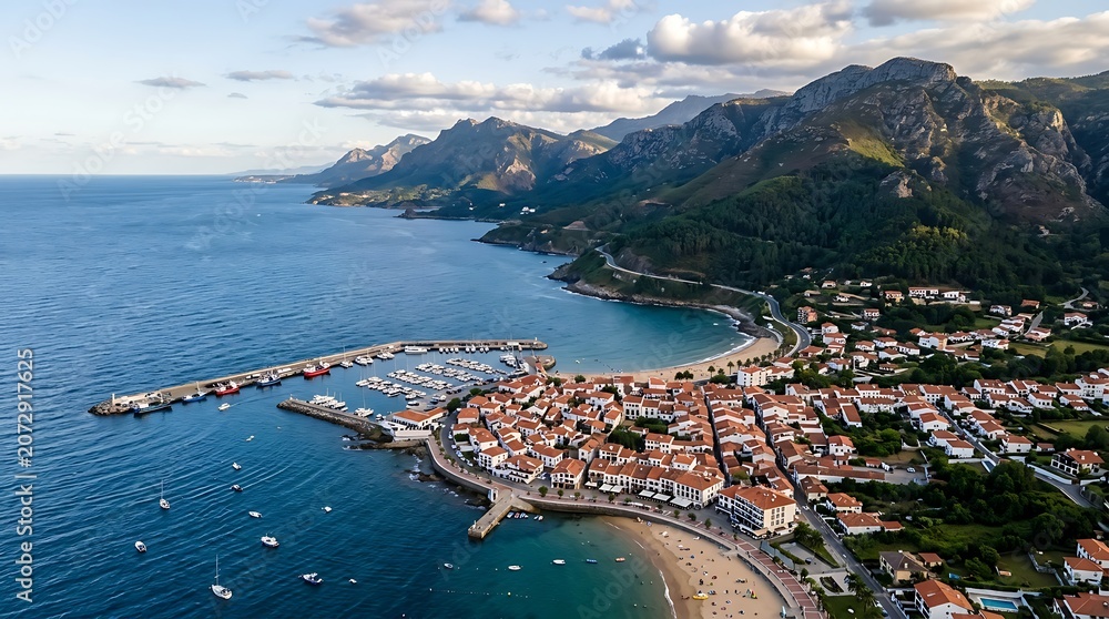 Obraz premium Aerial view of a beautiful coastal town with a harbor and mountains